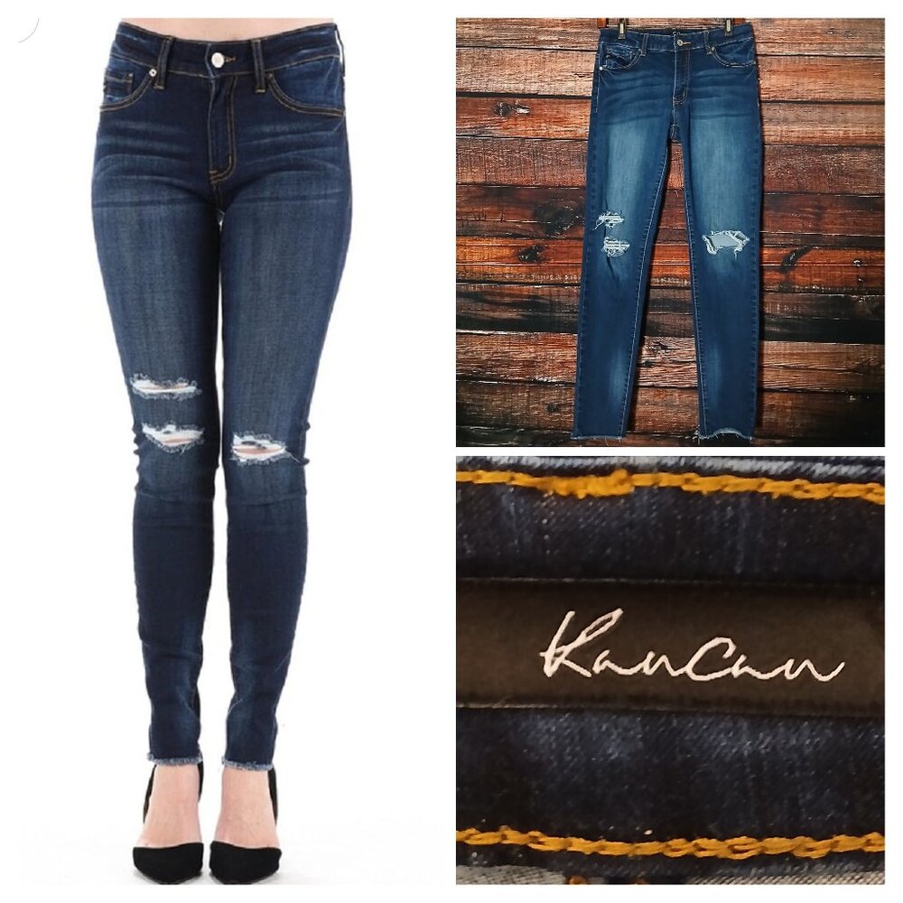 Kancan Jeans 28 Skinny Mid Rise Distressed Raw Hem Dark Wash Denim Stretch